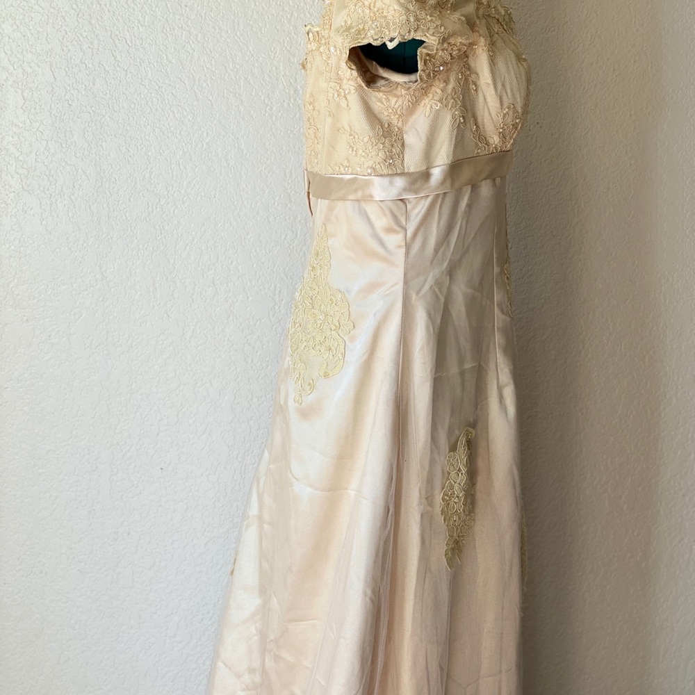SOLD Champagne Gold Long Satin Pearl Wedding Dress - Picture 4 of 8